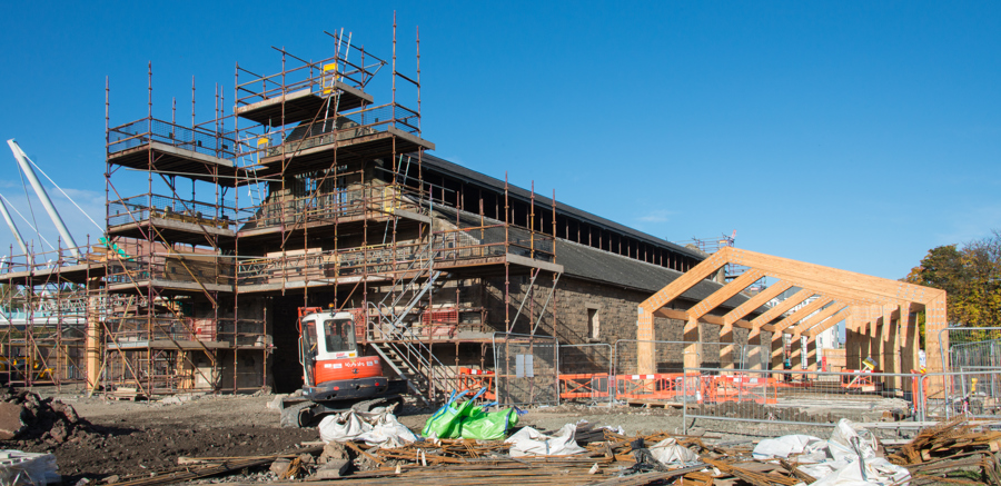 The Engine Shed under construction on sunny day with scaffolding and machinery