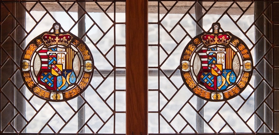 A historic, stained glass window