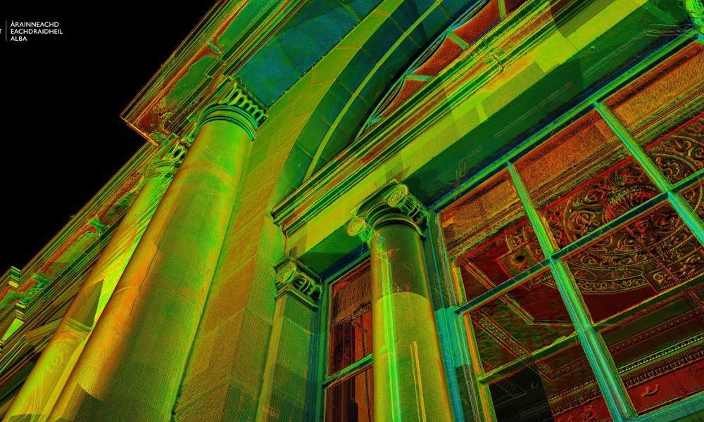 A point cloud image of a historic balcony