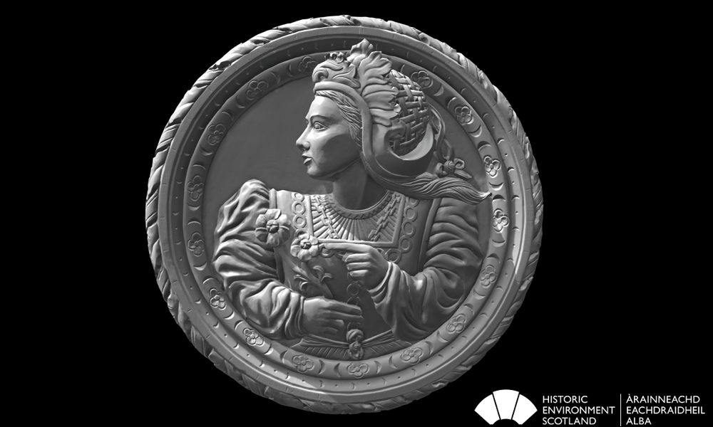 A 3D scan of one of the Stirling Heads - a circular wood carving featuring a historic woman